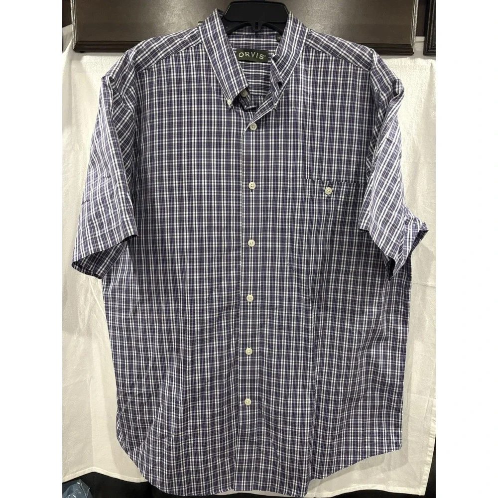 Orvis Men's XL Blue Purple Tattersall Plaid Button Up Shirt Short Sleeve
